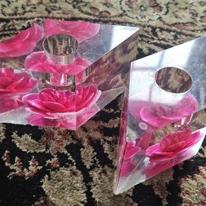 Vintage Midcentury Clear Lucite Imbedded Pink Flower Candle Holders - Set of 2